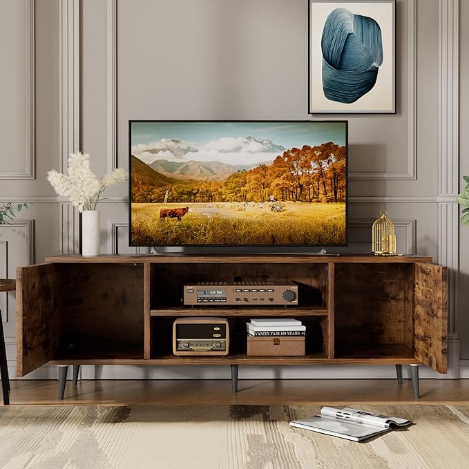 JUMMICO TV Stand for 65 Inch TV, Mid Century Modern TV Stand, Entertainment Center with Storage Cabinet and Open Shelves, TV Console Table Media Cabinet for Living Room, and Bedroom (Rustic Brown)