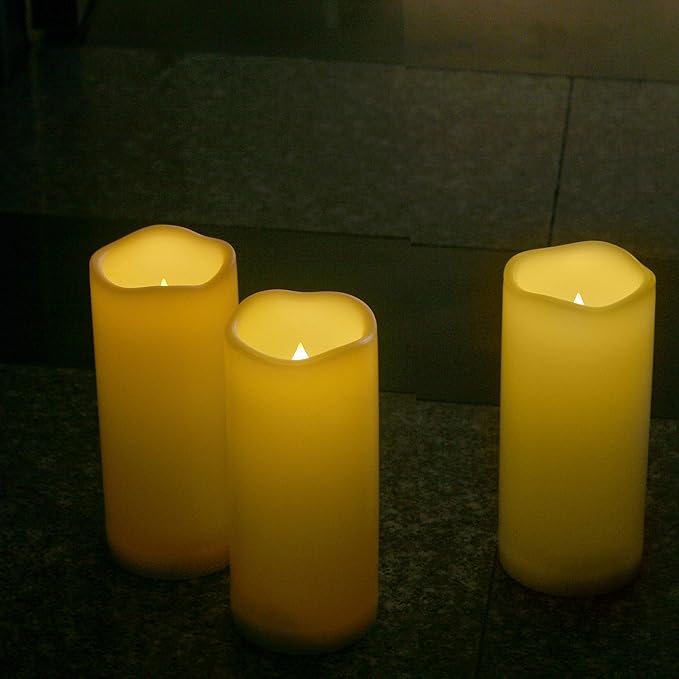 CANDLE CHOICE Waterproof Outdoor Battery Operated Flameless Candles Remote Timer Ivory Tall Plastic Fake Realistic Flickering Electric LED Pillars for Lantern Wedding Christmas Decorations 3”x7” 3PCS