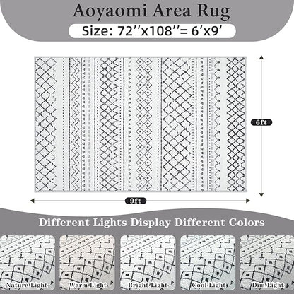 Area Rug for Living Room 6x9: Large Washable Boho Moroccan Rugs Geometric Neutral Rug, Non-Slip Foldable Morden Farmhouse Indoor Floor Carpet for Bedroom Dining Table Home(Black,6'X9')