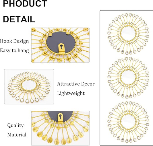 Gold Mirrors - Sunburst Valentine Wall Art, Decorative Round Mirrors for Valentine Bedroom, Living Room, Bathroom, Kitchen, Entryway, Hallway - Set of 3