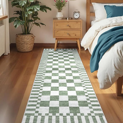 GarveeHome 2×12 Kitchen Runner Rug Non Slip,Sage Green Checkered Rug,Washable Runner Rug for Hallway Soft Low-Pile Geometric Checkerboard Rugs for Entryway Kitchen Dining Room