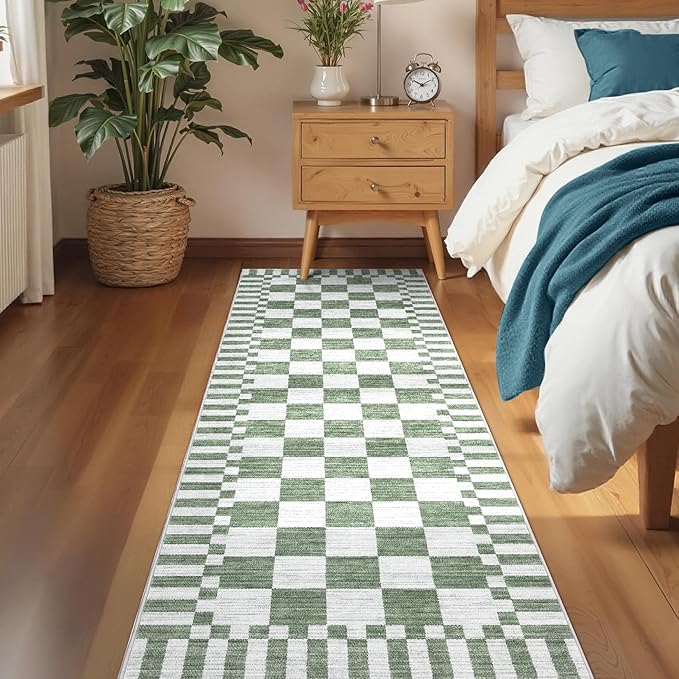 GarveeHome 2×5 Kitchen Runner Rug Non Slip,Sage Green Checkered Rug,Washable Runner Rug for Hallway Soft Low-Pile Geometric Checkerboard Rugs for Entryway Kitchen Dining Room
