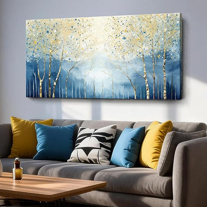 Oversized Abstract Plant Wall Art For The Living Room, Blue And Yellow Birch Forest Canvas Print, Modern Natural Horizontal Wall Decor For Bedrooms, Bathrooms, Dining Rooms, And Entryways. 58X29 Inches.