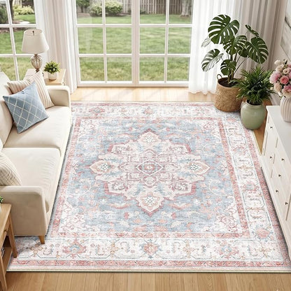 CAPALOCA Machine Washable Rugs Nursery Rug Sq6ft Cute Girl Non Slip Low Pile Water Repellent Soft Print Pattern for Bedroom Indoor Decor Kids Playroom Pink Blue