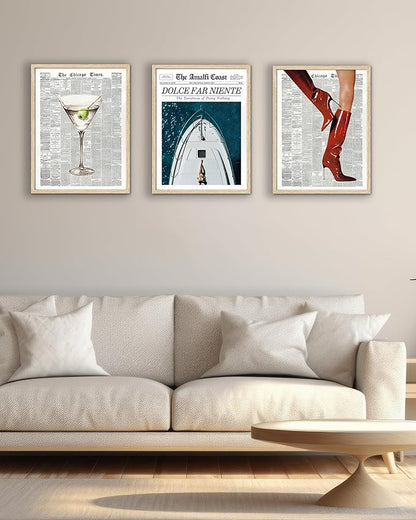 EcoHest Trendy Newspaper Martini Framed Wall Art, 12x16 in OAK Wood Retro Bar Cart Canvas Art, Magazine Aesthetic Apartment Art, Beige Logs Funky 70's Set of 1 for Bedroom Living Room