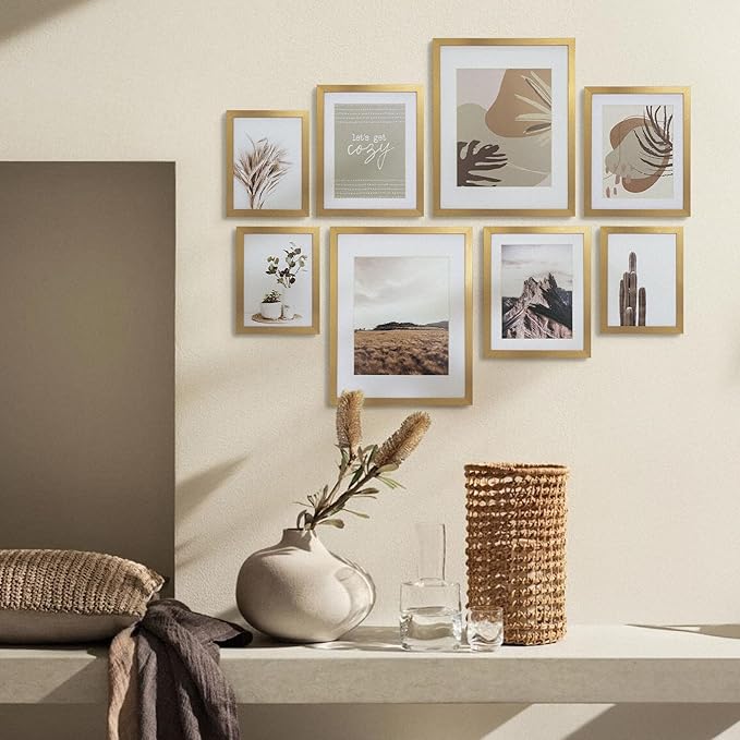 ArtbyHannah Gallery Wall Frame Set,Gold Picture Frames Collage Wall Decor with Neutural Art for Living Room Stariway,8 Pack Assorted Size-11"x14",8"x10",6"x8"