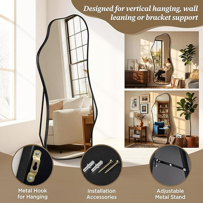 Mirror Full Length - Irregular Full Body Mirror Standing or Leaning or Wall Hanging 62.2"x 22.8" Asymmetrical Aviation Aluminum Alloy Frame Unique for Bedroom, Living Room, Cloakroom, Entryway