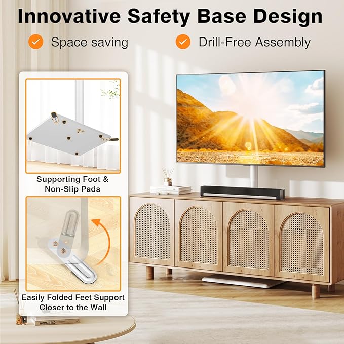 TVON Floor TV Stand with Mount for Most 32-65 Inch TVs up to 88lbs, Height Adjustable TV Floor Stand with Wood Base for Space Saving, Tall Floor TV Stand for Bedroom, Corner & Living Room, White