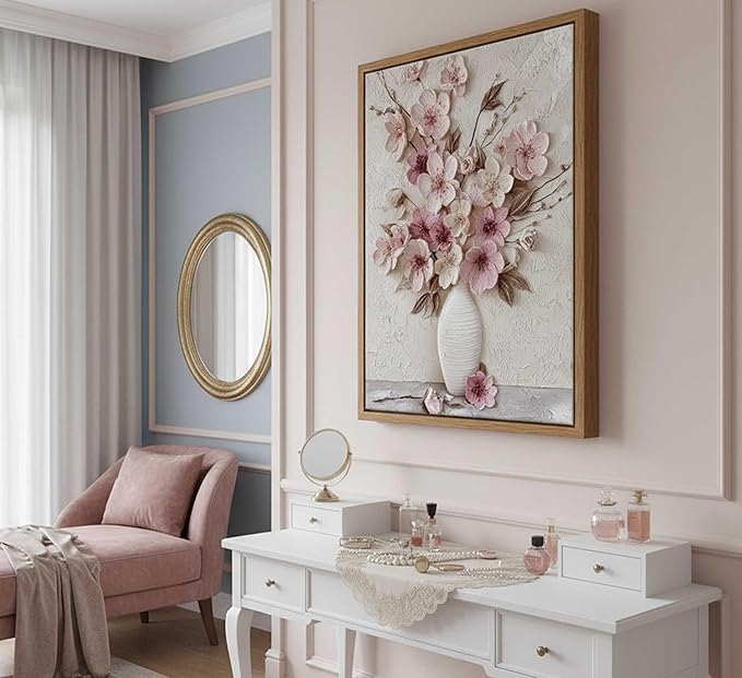 Framed Pink Floral Canvas Wall Art Abstract Flowers Plant Bouquet in Vase Painting Picture Wall Decor Poster Print Artwork for Living Room Bedroom Woman Room Home Decoration
