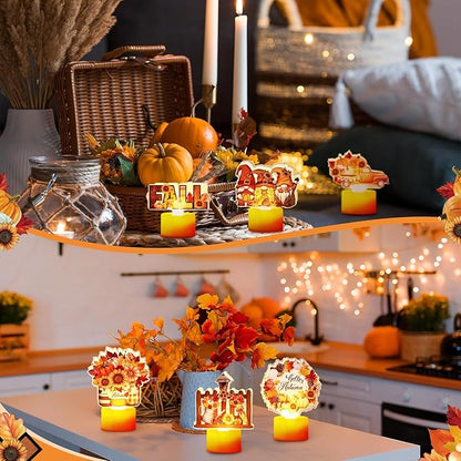 Tuanse 6 Pcs Hello Autumn Tea Lights Candles Fall Table Centerpieces for Dinner Fall LED Flameless Tealight Candles Thanksgiving Table Centerpieces for Home Office Kitchen Indoor Party Decor