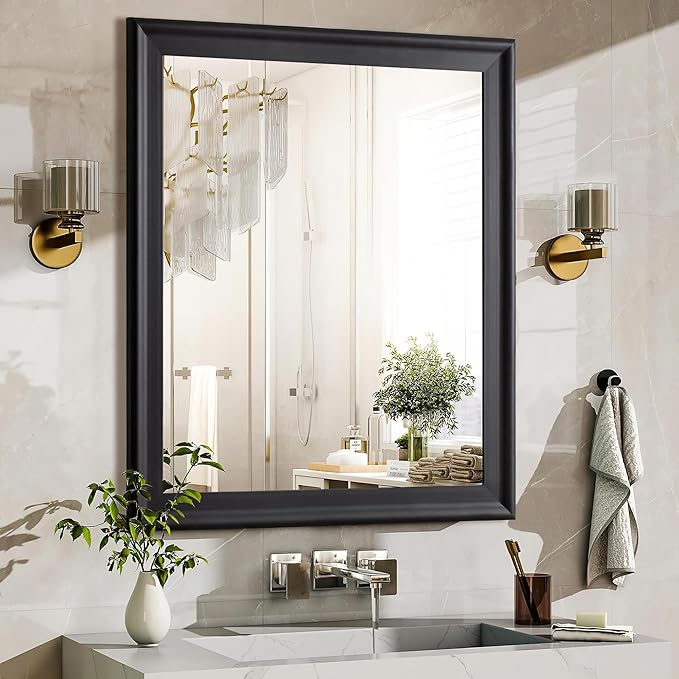 CULER Black Wood Wall Mirror for Bathroom,Rectangle Rustic Large 30 x 36 inch Hanging Vanity Mirrors with Wooden Frame for Living Room,Bedroom,Entryway