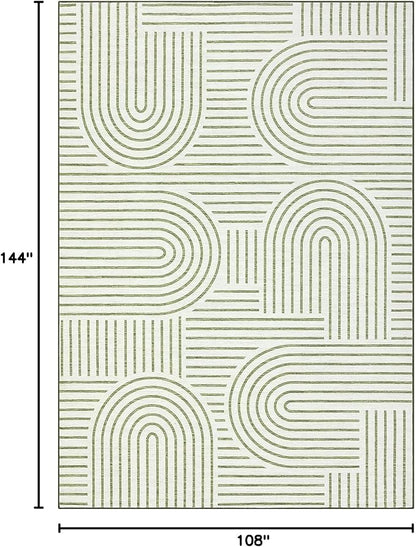 ROYHOME Washable Rug 9x12 Area Rugs for Living Room, Abstract Rug for Bedroom, Soft Rainbow Non Slip Throw Rugs with Rubber Back, Low Pile Stain Resistant Boho Geometric Carpet for Dining Room, Green