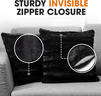 Cheer Collection Faux Fur Throw Pillows - Decorative Pillows for Couch, Bed Throw Pillows, Black Accent Pillows for Bedroom or Living Room Aesthetic, Set of 2 Furry Throw Pillows, 16" x 16"