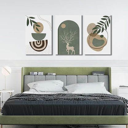 Boho Sun Canvas Wall Art Set of 3, Neutral Abstract Minimalismt Bohemian Geometric & Botanical Plants Pictures Prints Artwork Paintings Wall Decor for Bedroom Living Room Home Decoration 24x36 inches