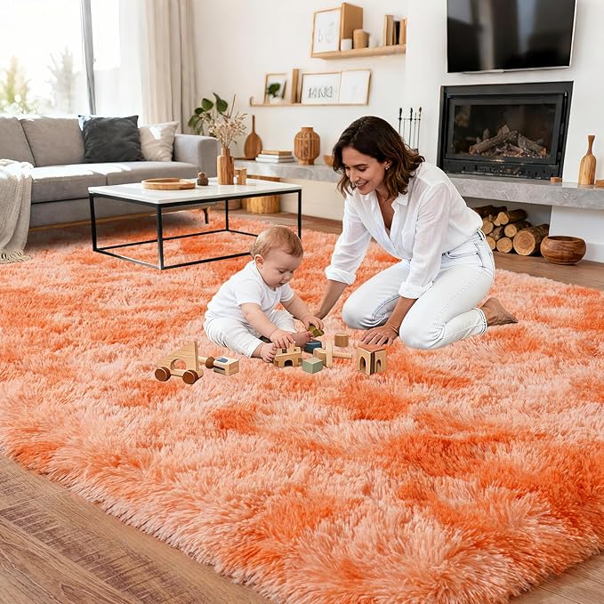 Extra Large Plush Rug High Pile Fluffy Rug for Living Room, Big Plush Non-Skid Shag Carpet, Soft Shaggy Rugs for Bedroom Indoor Modern Home Decor Tie Dye Orange 9x12ft
