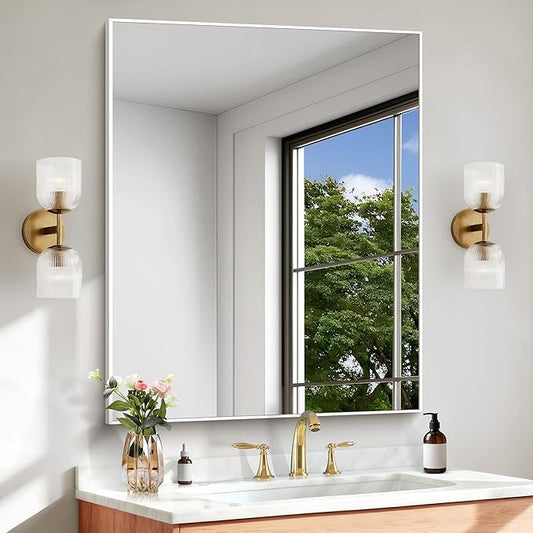 BONEWEI White Bathroom Mirror,30x36 inch Wall Mirror for Bathroom Wall Mounted,Rectangle Mirror for Bathroom Over Sink,Modern Metal Frame for Living Room,Bedroom Entryway,Horizontal/Vertical