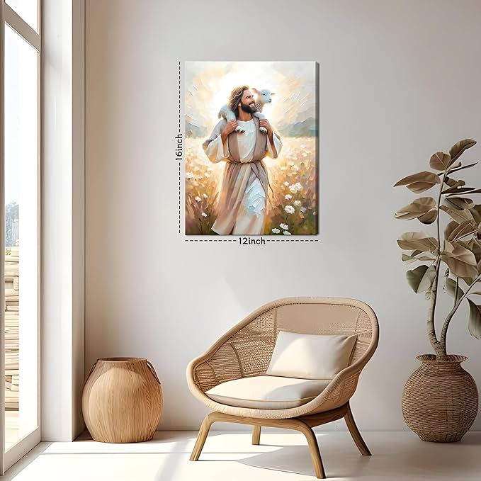 Jesus Canvas Wall Art Print – Christian Wall Decor Poster Painting of Jesus Carrying the Lamb, Inspirational Religious Decor for Living Room, Church or Prayer Room – 12"x16" Framed