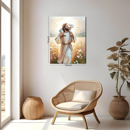 Jesus Canvas Wall Art Print – Christian Wall Decor Poster Painting of Jesus Carrying the Lamb, Inspirational Religious Decor for Living Room, Church or Prayer Room – 12"x16" Framed