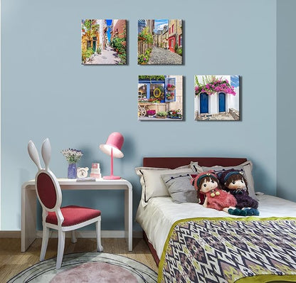 Italy Tuscan Wall Art, Colorful Nature Scenic Framed Pictures Canvas Prints, Modern Town Street Artwork Paintings for Living Room, Bedroom, Office Wall Decor
