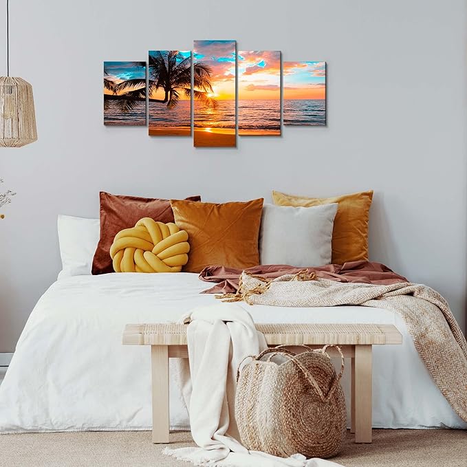 Abstract Framed Canvas Wall Art Art - Ocean Beach Sea Photo Strenth Framed Wall Art,Abstract Landscape Blue Sky Beach pictures Wall Art Canvas Print for Room Home Decorations (C-5pcs,60"x30")