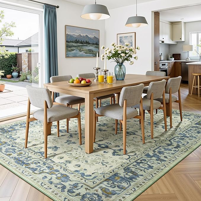 Lessymo Washable Area Rug for Living Room,8x10 Large Rugs with Non-Slip Backing,Soft Boho Carpets for Bedroom Dining Room Nursery Home Office,Light Blue