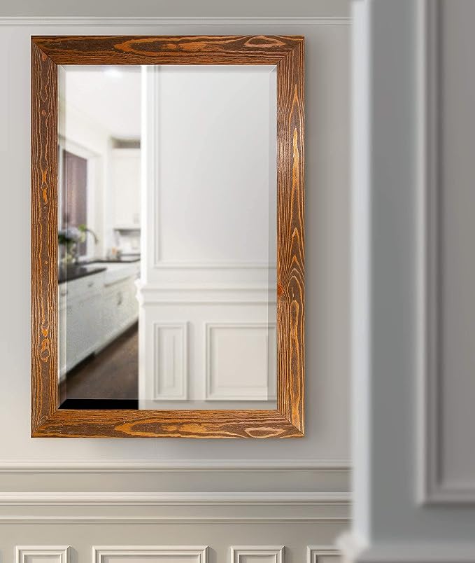Renditions Gallery Rustic Horizontal Wooden Maple Frame Body Mirror Decor Aesthetic Wall Mounted Rectangle Farmhouse Vanity Mirror for Living Room Bedroom Bathroom - 41"x29" LT07
