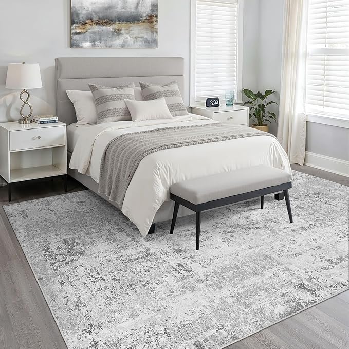 10x14 Area Rugs Living Room: Washable Large Neutral Rug Abstract Soft Modern Stain Resistant Indoor Floor Non-Slip Carpet for Bedroom Nursery Kids Office Playroom Dining Room Under Table- Light Gray