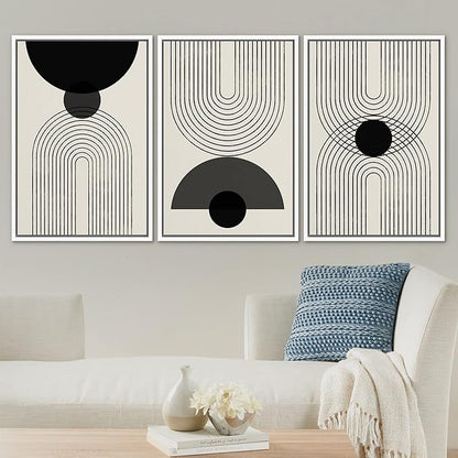 SIGNLEADER Framed Canvas Print Wall Art Black Semi-Circle an Line Parabola Abstract Shapes Illustrations Modern Art Minimalist Edgy Black and White for Living Room, Bedroom, Office - 24"x36"x3 WHITE