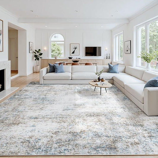 Area Rug 6x9 Living Room Rug Washable: No-Slip Abstract Soft Thin Large Brown White Hazy Blue Rugs, Indoor Floor Stain Resistant Modern Carpet for Bedroom Dining Room Farmhouse Nursery Home Office