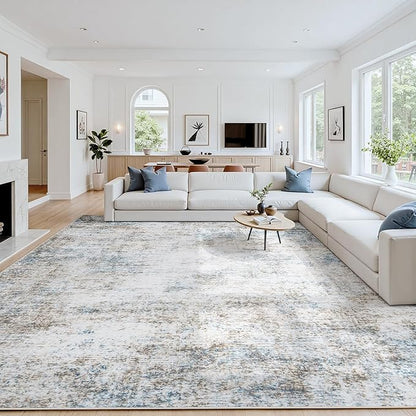 Area Rug 5x7 Living Room Rug Washable: No-Slip Abstract Soft Thin Large Brown White Hazy Blue Rugs, Indoor Floor Stain Resistant Modern Carpet for Bedroom Dining Room Farmhouse Nursery Home Office