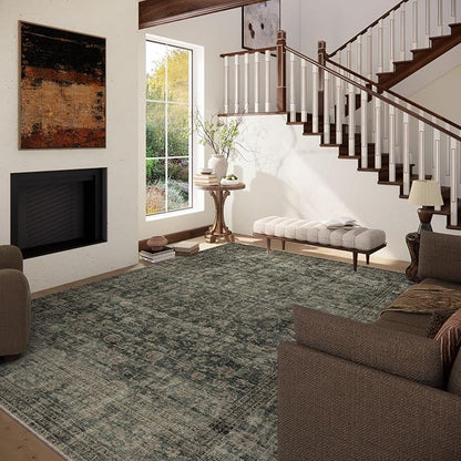 Washable Living Room Area Rug: 8x10 Rugs for Bedroom Vintage Stain Resistant Non Slip Low Pile Lightweight Boho Carpet for Kitchen Dining Room Farmhouse Kids Room Nursery