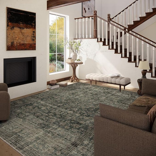10x12 Area Rugs for Living room: Large Washable Rugs Stain Resistant Non Slip Distressed Vintage Floral Rug Low Pile Faux Wool Soft Green Rugs for Bedroom Farmhouse Dining Room Kids Playroom Nursery