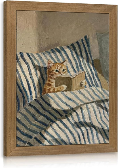 Cyebmo Funny Tabby Cat Wall Art, Whimsical Cat Reading Book Wall Decor, Cozy Book Lover Animal Poster Print, Minimalist Cute Animal Artwork for Living Room Bedroom Wood Framed 8x10 Inch