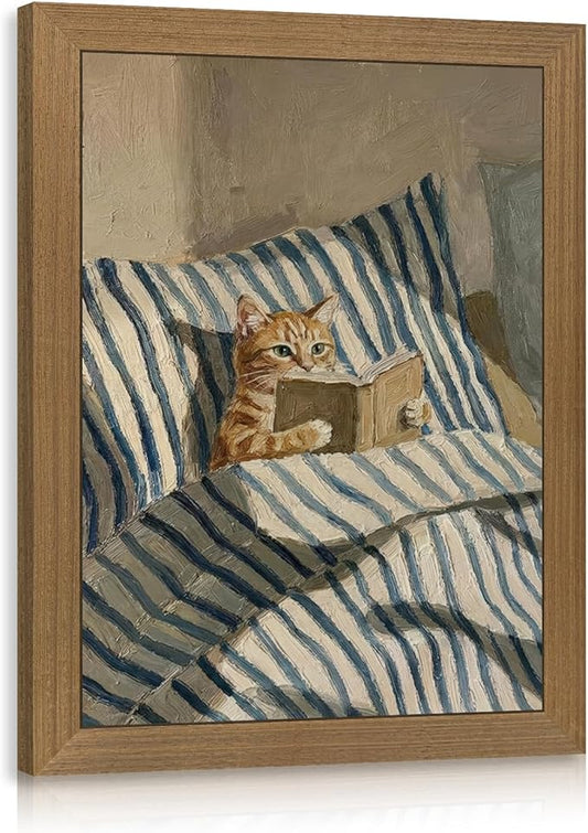 Cyebmo Funny Tabby Cat Wall Art, Whimsical Cat Reading Book Wall Decor, Cozy Book Lover Animal Poster Print, Minimalist Cute Animal Artwork for Living Room Bedroom Wood Framed 8x10 Inch