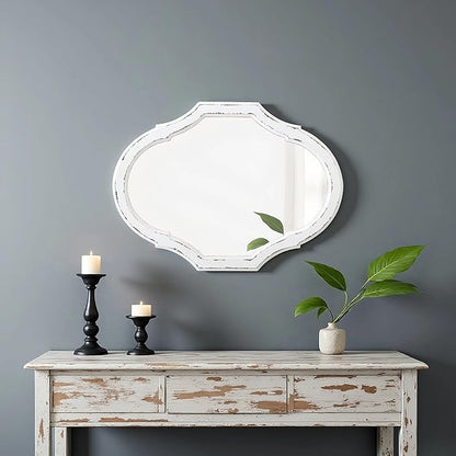 Vintage Oval Bathroom Mirror 22 X 30 Inch, Hanging Distressed White Rustic Scalloped Decorative Wall Mirrors, Unique Wood Mirrors for Wall Decor Living Room Entryway, Horizontal or Vertical