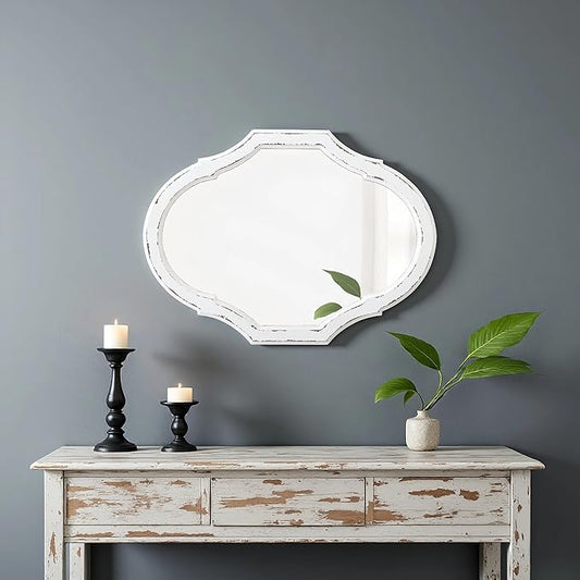Vintage Oval Bathroom Mirror 22 X 30 Inch, Hanging Distressed White Rustic Scalloped Decorative Wall Mirrors, Unique Wood Mirrors for Wall Decor Living Room Entryway, Horizontal or Vertical