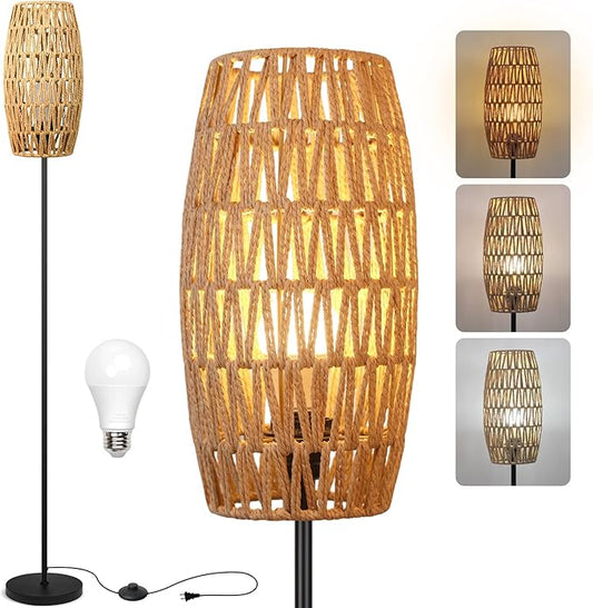 Ruiever Floor Lamp for Living Room,Farmhouse Floor lamp,Modern Standing lamp with Hand-Worked Rattan Shade (Drum Rattan Shade Black Body Color-3 Color Bulb)