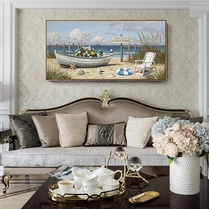 Large Framed Modern Canvas Wall Art, Natural Coastal Beach Landscape Print, Blue Seaside Scenery Decor Painting For Living Room Bedroom Dining Room Study Room, Ready To Hang 48X24 Inch