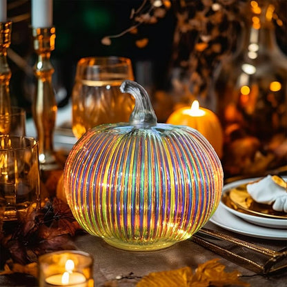 Iridescent Glass Pumpkin Light with Timer | Battery Powered Holiday, Autumn, Thanksgiving Décor