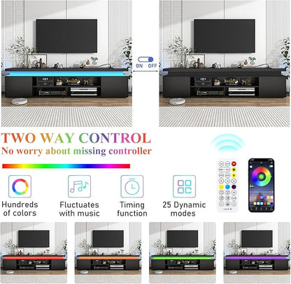 Hlivelood LED TV Stand for 95 Inch TV, Modern TV Stand with Power Outlet, TV Console Entertainment Center with Storage and LED Lights for Living Room, Bedroom (83 Inch, Black Carbon Fiber)