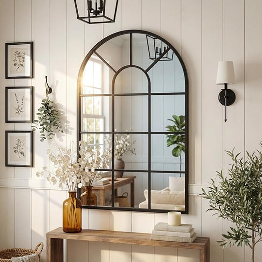 Black Arched Window Mirror | Farmhouse Decorative Wall Mirrors for Living Room, Bedroom, Entryway, Bathroom Vanity, Fireplace Mantel | Window Pane Mirror Wall Decor | Arch Mirror Modern Accent Décor