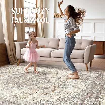 LOONGRUG 12x18 Rug Living Room: Washable Boho Large Neutral Vintage Soft Rugs Stain Resistant Farmhouse Non-Slip Indoor Floor Carpet for Bedroom Nursery Kids Playroom Office Dining Room- Beige Brown