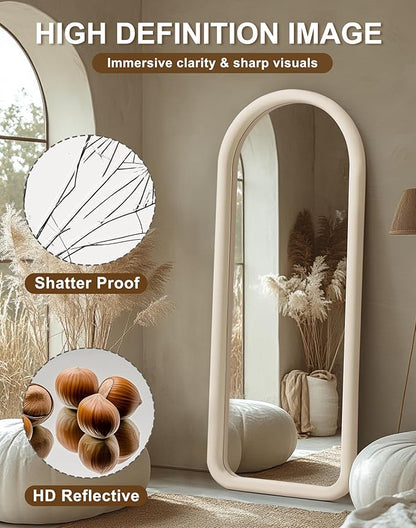 Delma Arched Full Length Mirror, Free Standing Floor Velvet Finish Frame Mirror for Leaning or Hanging, Soft Touch Bedroom & Living Room Decor, Cream White