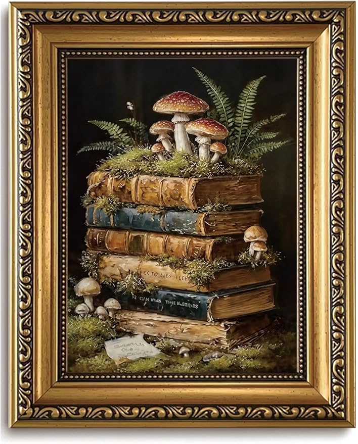 WZGZXU Vintage Gold Framed Wall Art Botanical Wall Decor Dark Academia Canvas Art Cottagecore Stack Books Pictures Gothic Prints Moody Paintings For Bedroom Study Room Library 8x10in