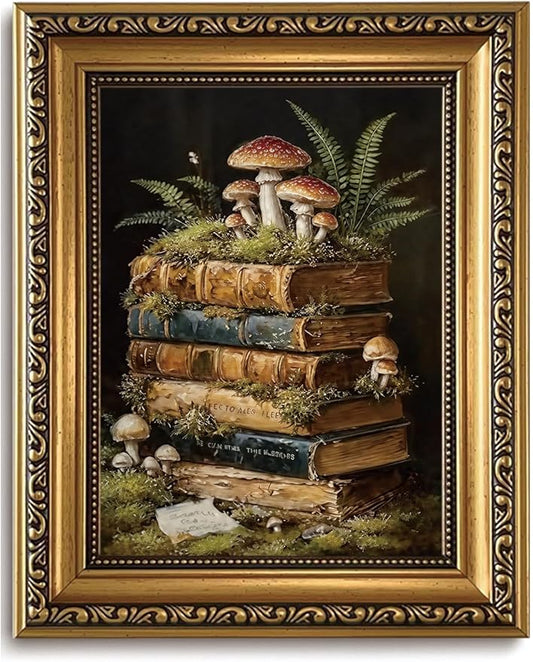WZGZXU Vintage Gold Framed Wall Art Botanical Wall Decor Dark Academia Canvas Art Cottagecore Stack Books Pictures Gothic Prints Moody Paintings For Bedroom Study Room Library 8x10in