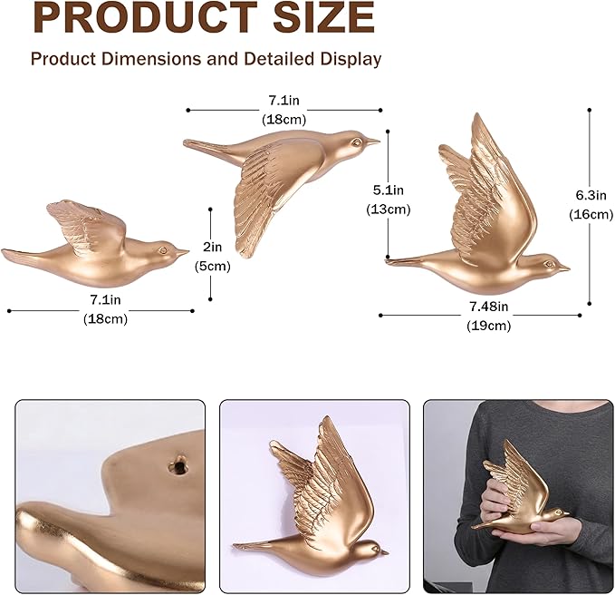 suruim Bird Wall Sculptures Set of 3-3D Wall Art Decor for Living Room, Home Decor Modern Golden Wall Decor & Bird Gallery Wall Art (Gold)