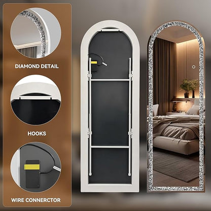 63"×22" Full-Length Mirror with Lights- Arch Crystal Crush Diamond Wall Mounted Hanging Diamond Mirror Leaning for Living Room Bedroom