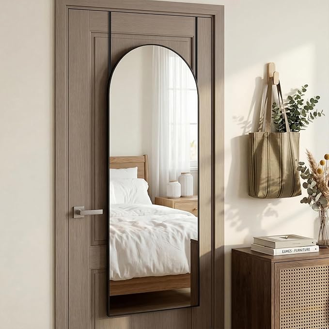 58"x20" Arched Full Length Door Mirror, Over-the-Door Hanging, Floor Standing, Wall Mounted or Leaning, Metal Frame Body Mirror for Bedroom, Living Room, Closet, Dorm, Black