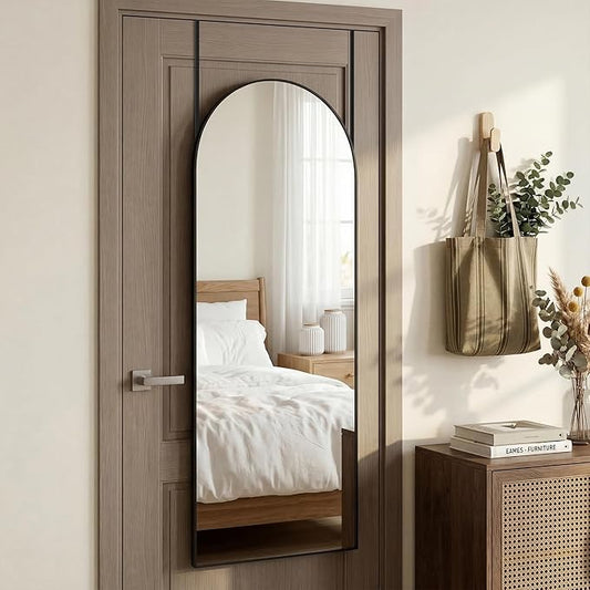 58"x20" Arched Full Length Door Mirror, Over-the-Door Hanging, Floor Standing, Wall Mounted or Leaning, Metal Frame Body Mirror for Bedroom, Living Room, Closet, Dorm, Black