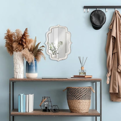 Vintage Small Scalloped Wall Mirror Decorative 16" x 12", Hanging Rustic Distressed White Bathroom Mirrors for Vanity, Farmhouse Wood Quatrefoil Wall Mounted Mirror for Living Room